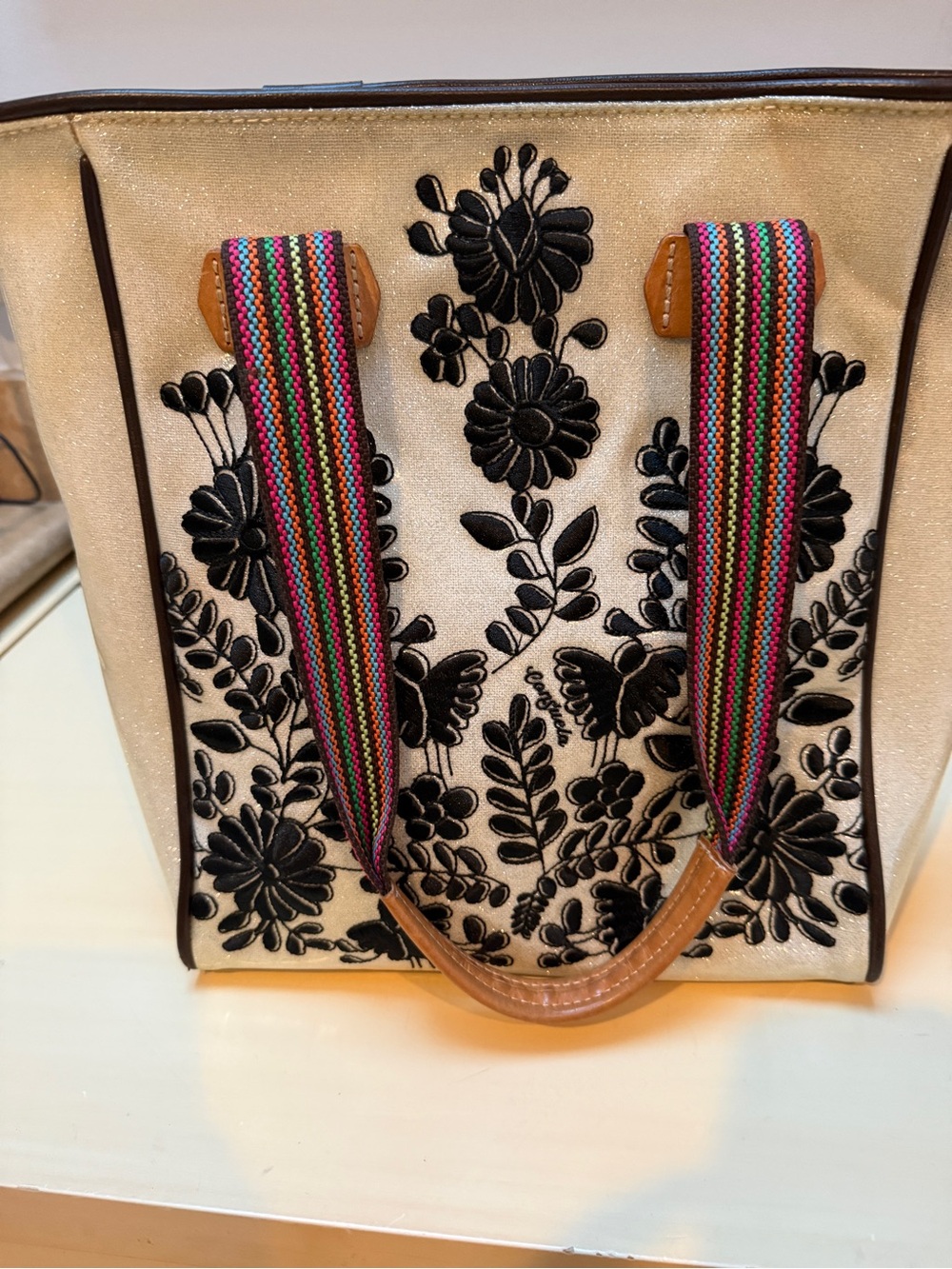 Consuela Cream Tote Bag with Black Floral Embroidery and Multicolor Straps